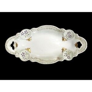 MCM Relish Dish Floral Detail Painted Vtg Elegant Signed Macky 1956 White Gold